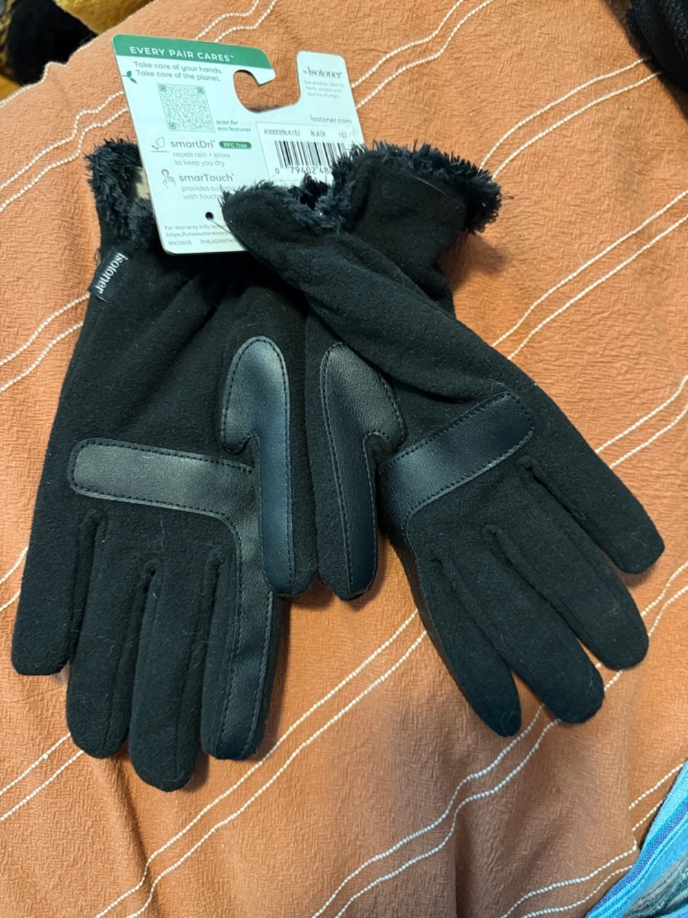 Comfort Liner Black Faux-Fur Trim Touchscreen Gloves by isotoner - Picture 2 of 4